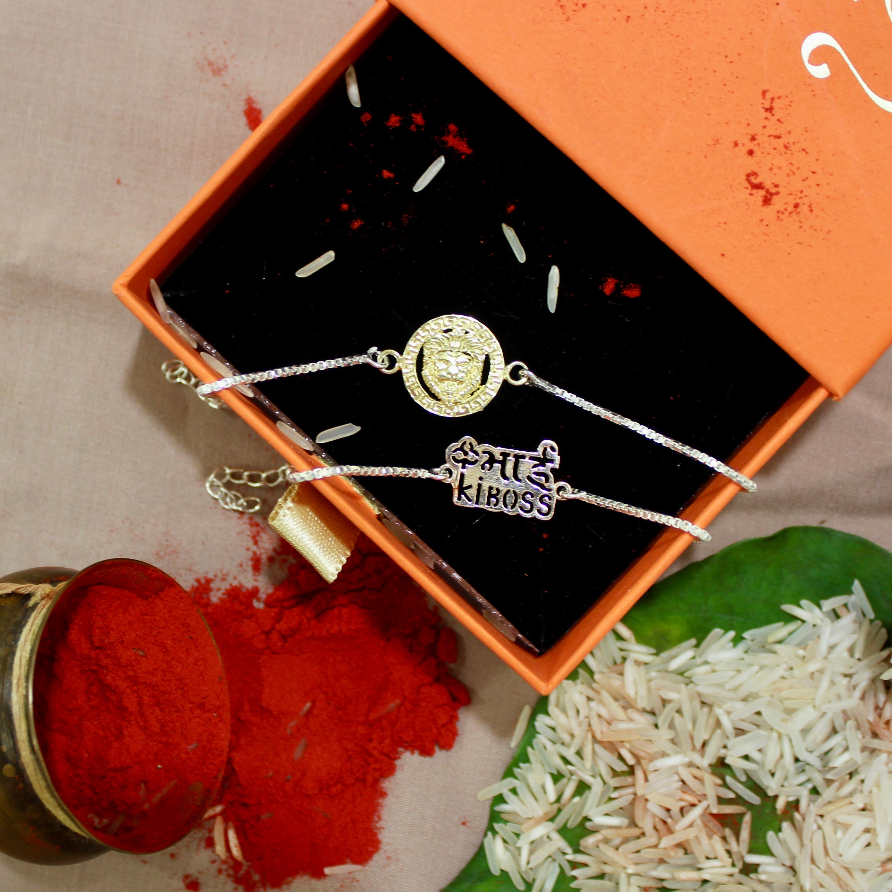 Tiger Gold Polish and Pyari Bhabhi Pink Thread Rakhi in 925 Silver