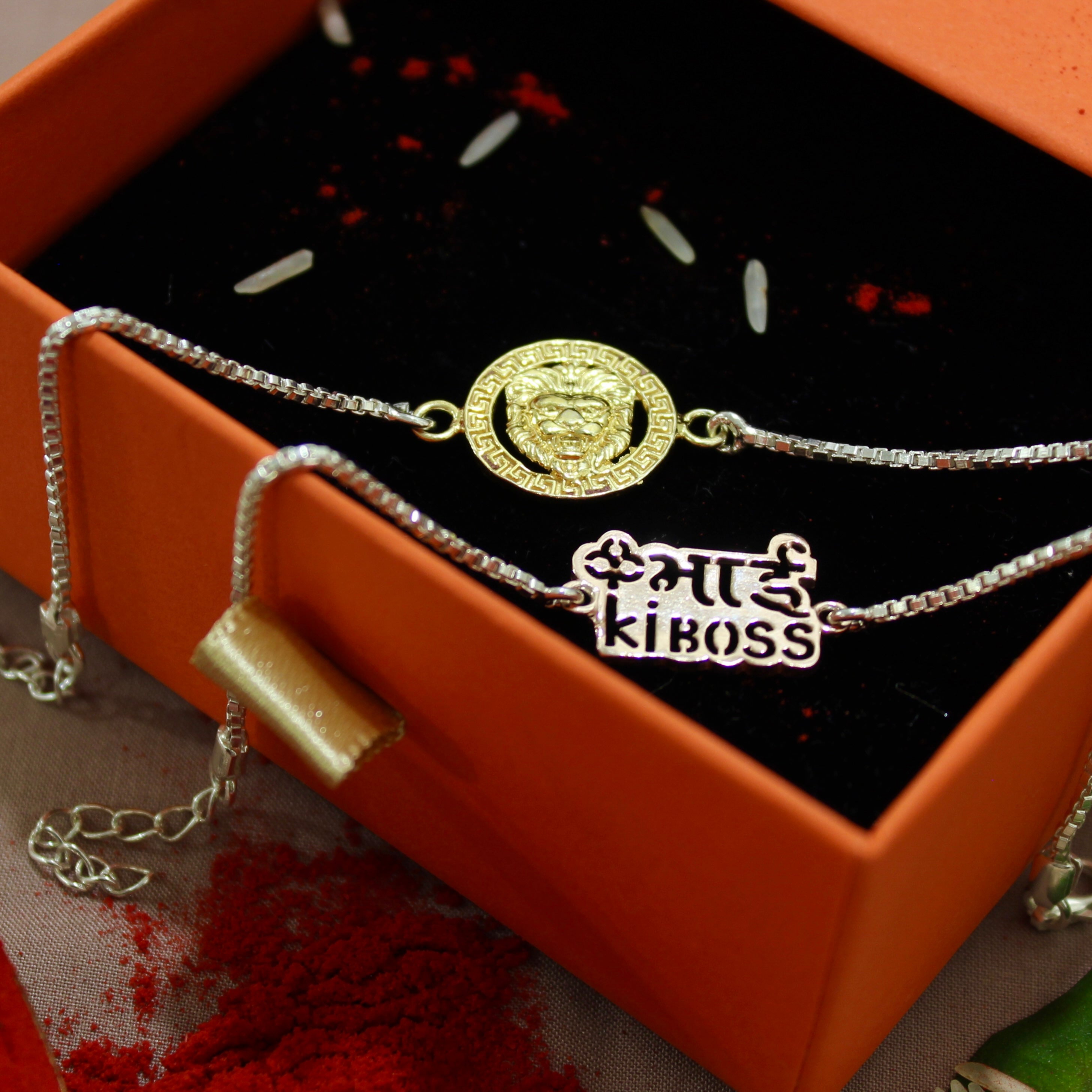 Tiger Gold Polish and Pyari Bhabhi Pink Thread Rakhi in 925 Silver