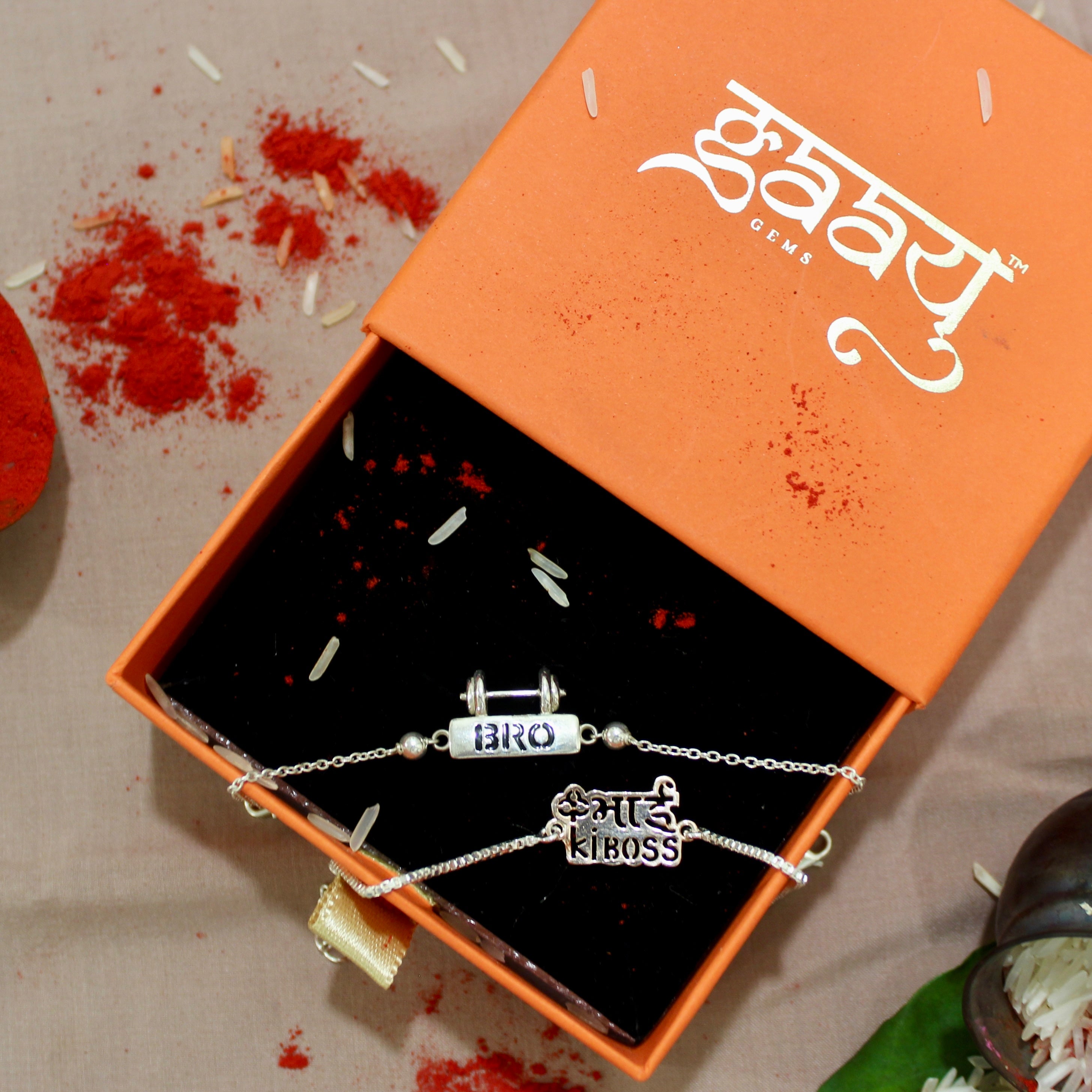 BRO WITH DUMBBELL Chained And Pyari Bhabhi Pink Thread Rakhi in 925 Silver