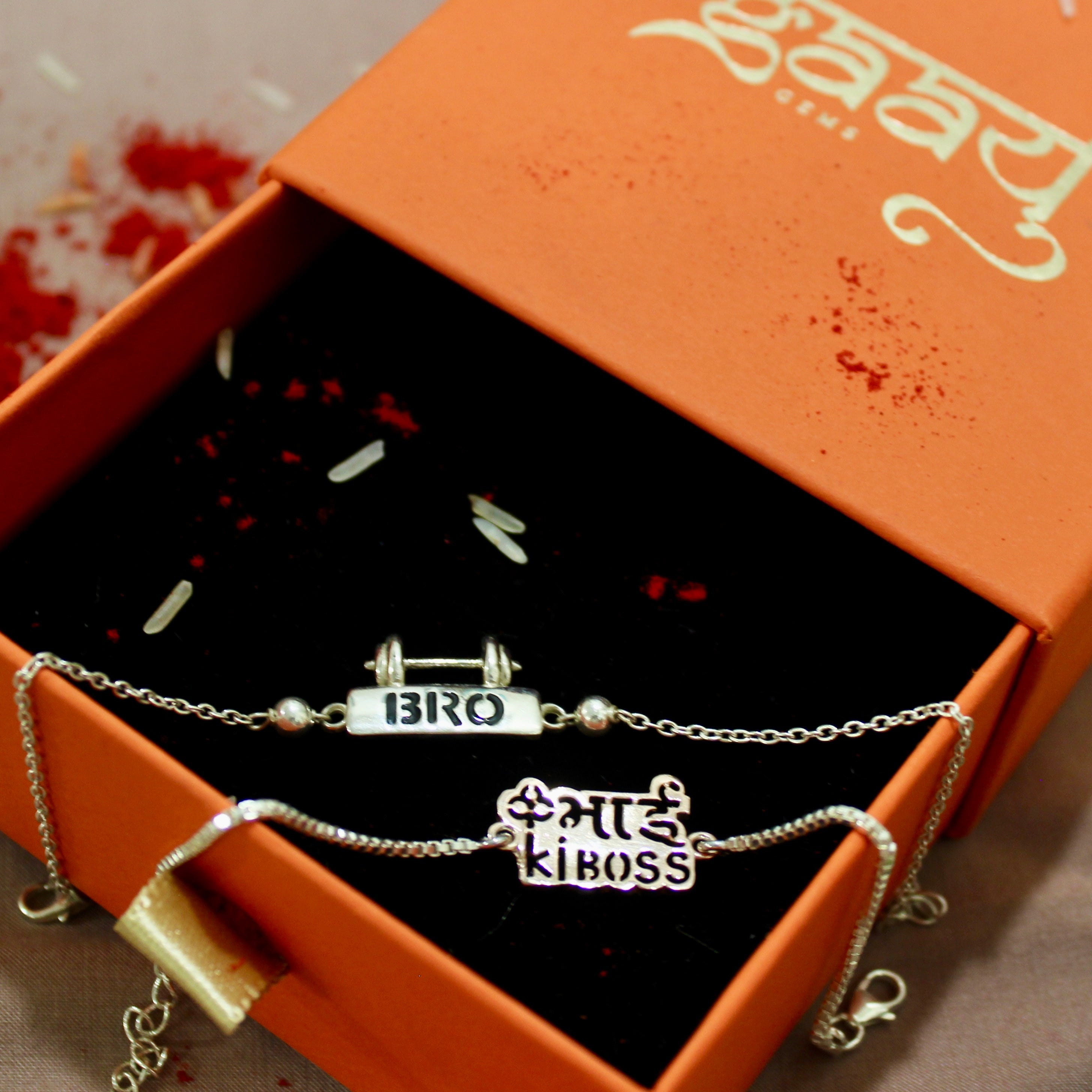 BRO WITH DUMBBELL Chained And Pyari Bhabhi Pink Thread Rakhi in 925 Silver