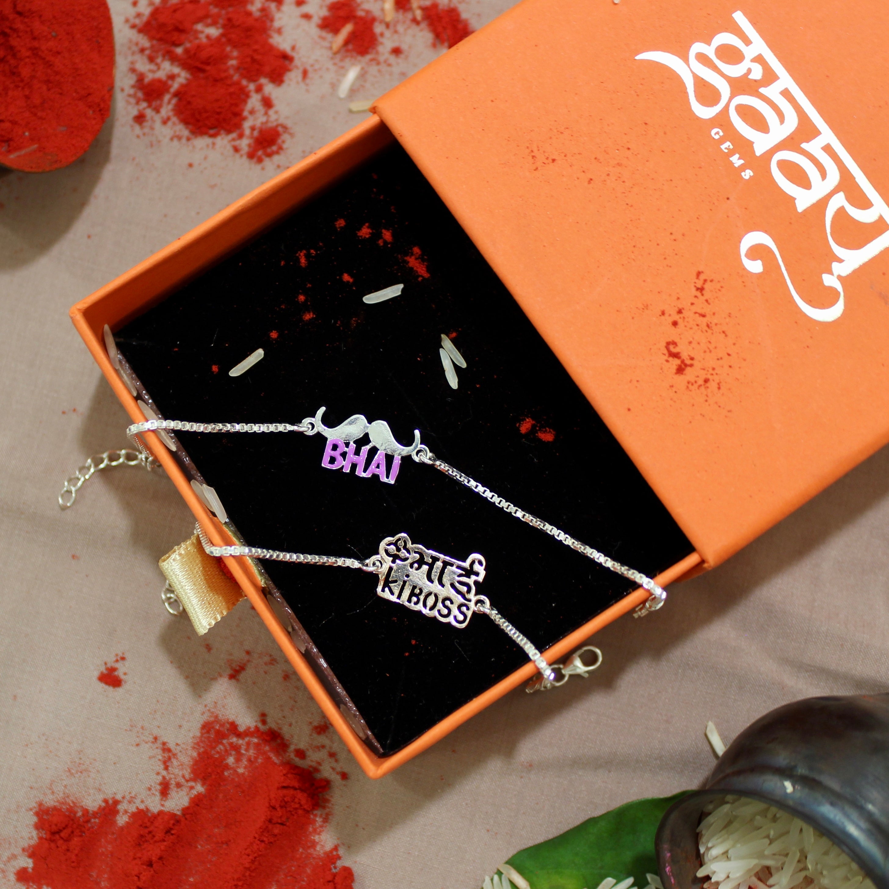 Bada Bhai' Pure Silver Chained and Pyari Bhabhi Pink Thread Rakhi in 925 Silver