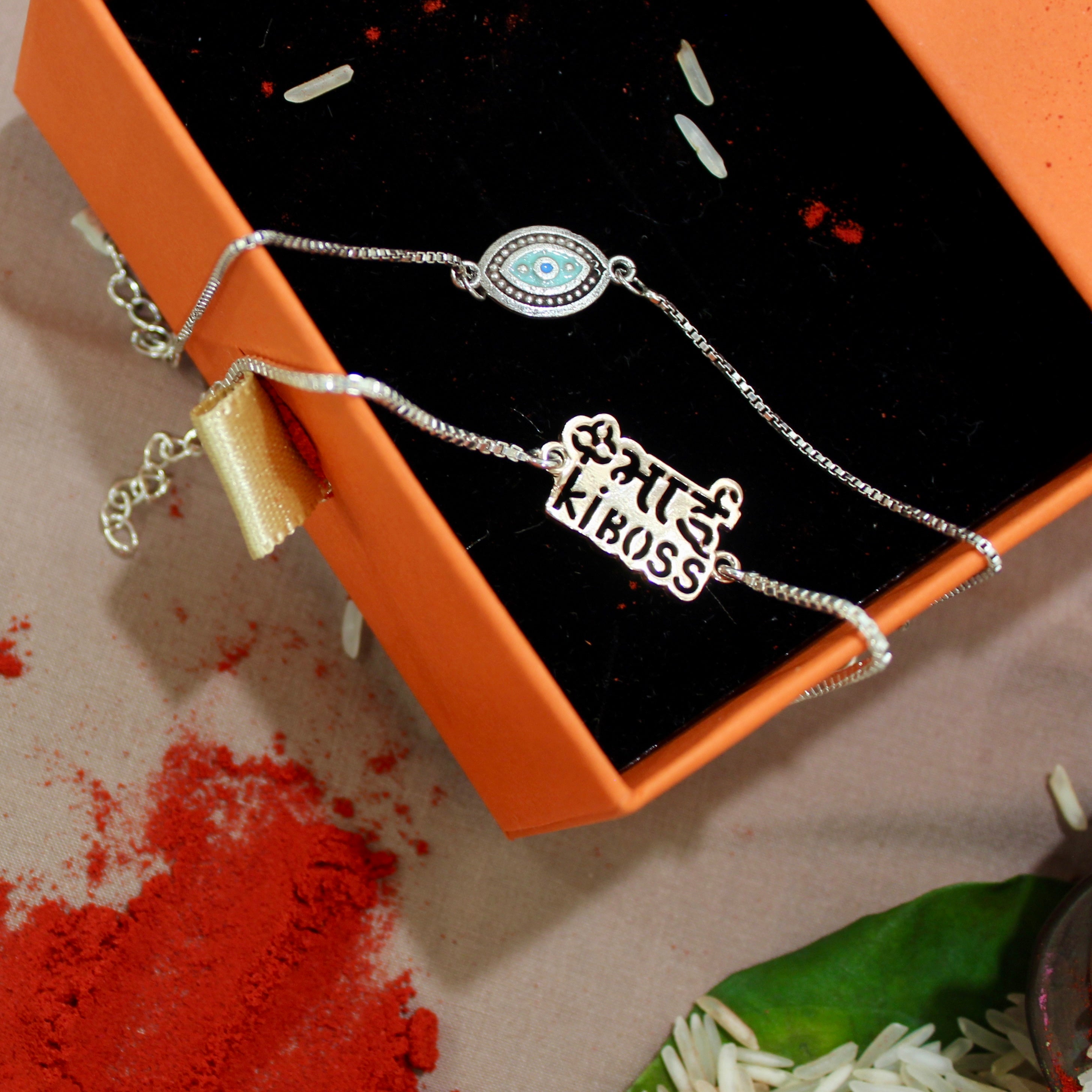 Aqua Evil Eye Chained and Pyari Bhabhi Pink Thread Rakhi in 925 Silver