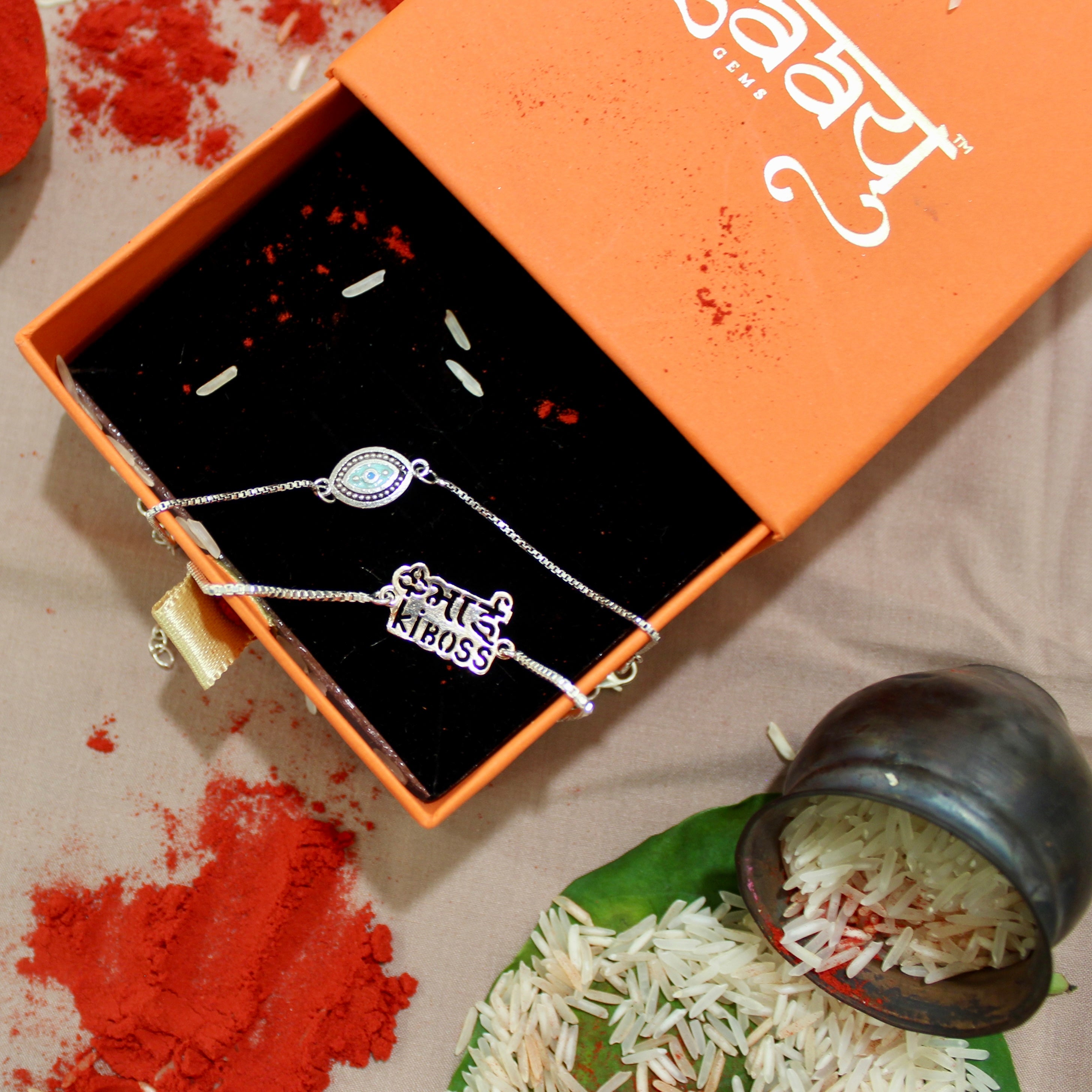 Aqua Evil Eye Chained and Pyari Bhabhi Pink Thread Rakhi in 925 Silver