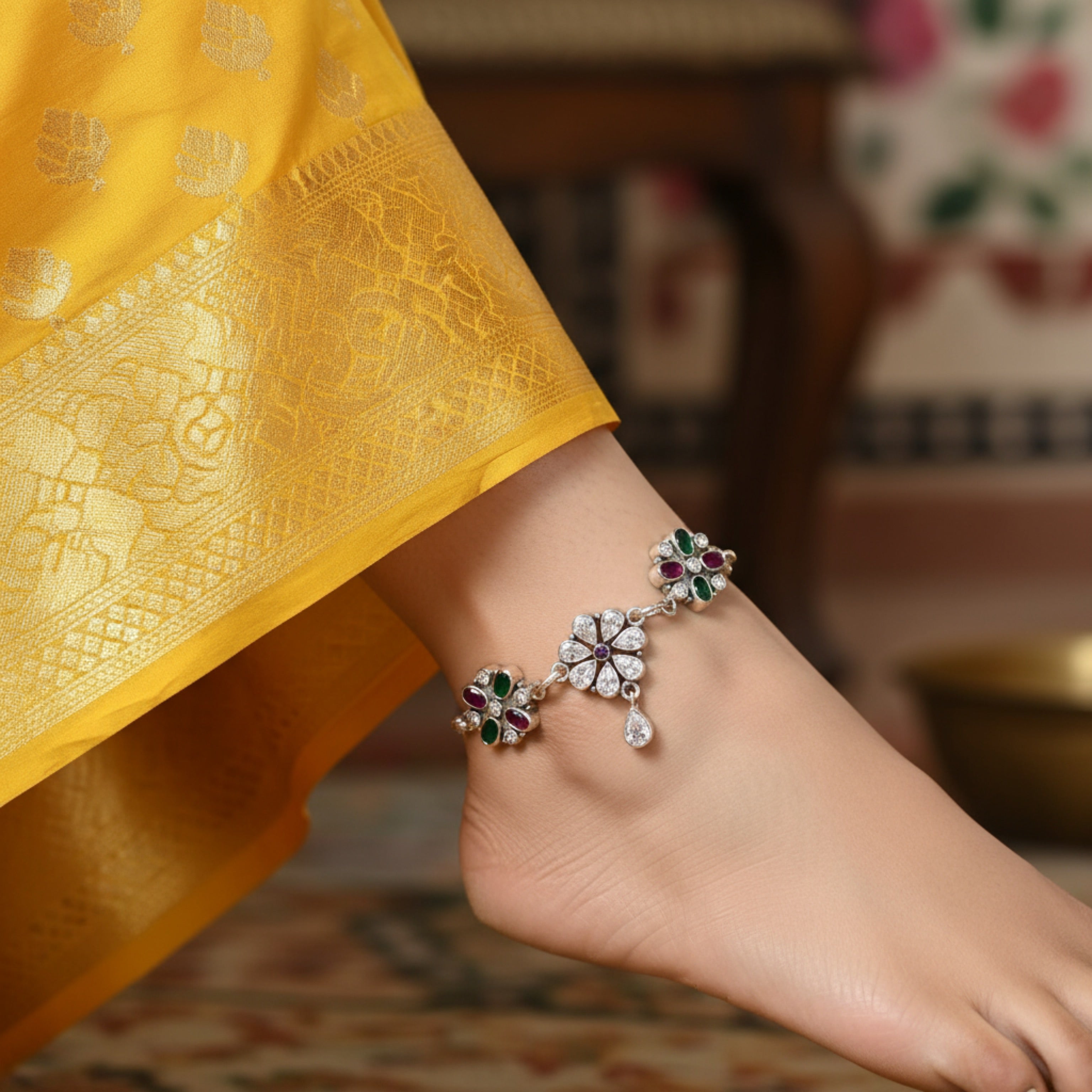 Multi-stones Flowers Heavy Designer Oxidised Anklet in 925 Silver