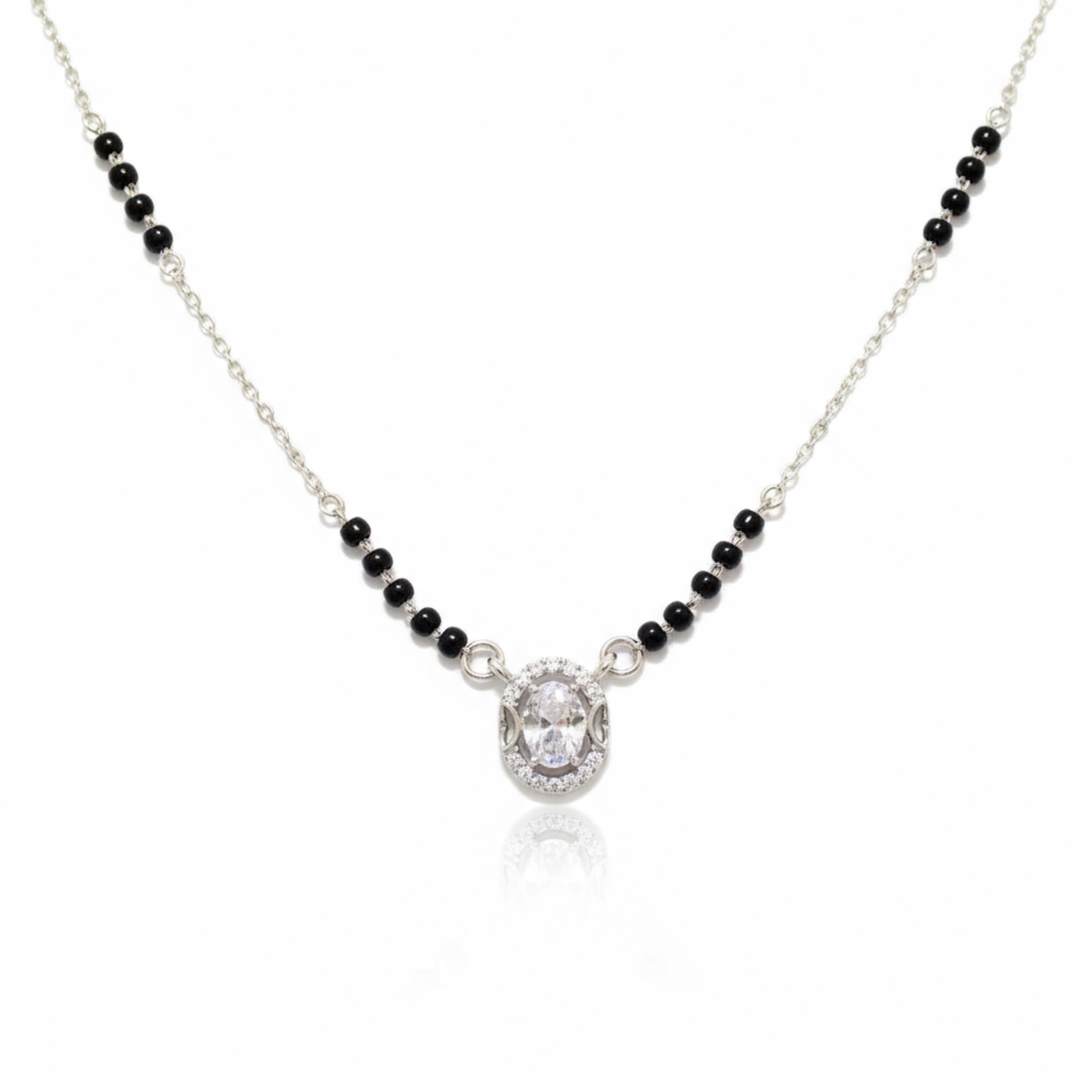 Oval Bordered Solitaire Stone Mangalsutra in 925 Silver
