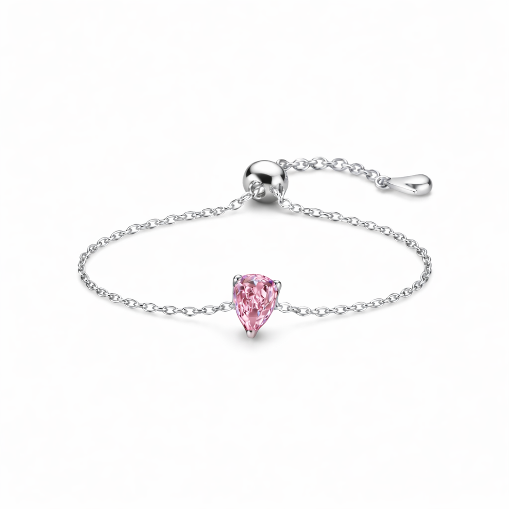 Pink Stone Chained Pure Silver Ring- Free size