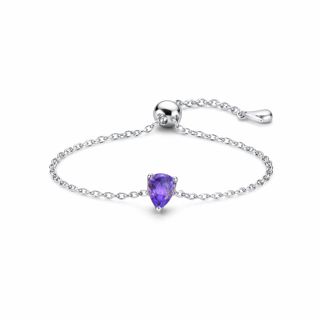 Purple Stone Chained 925 Pure Silver Ring- Adjustable