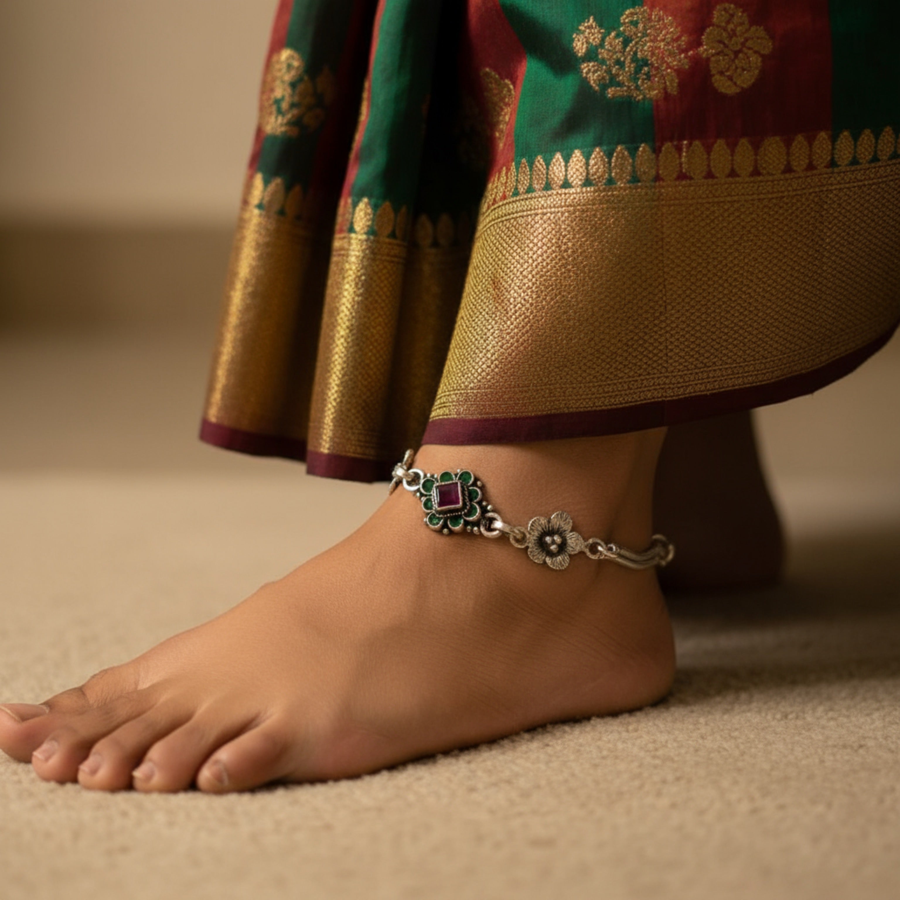 Ruby & Emerald Stones Flowers Oxidised Anklet in 925 Silver