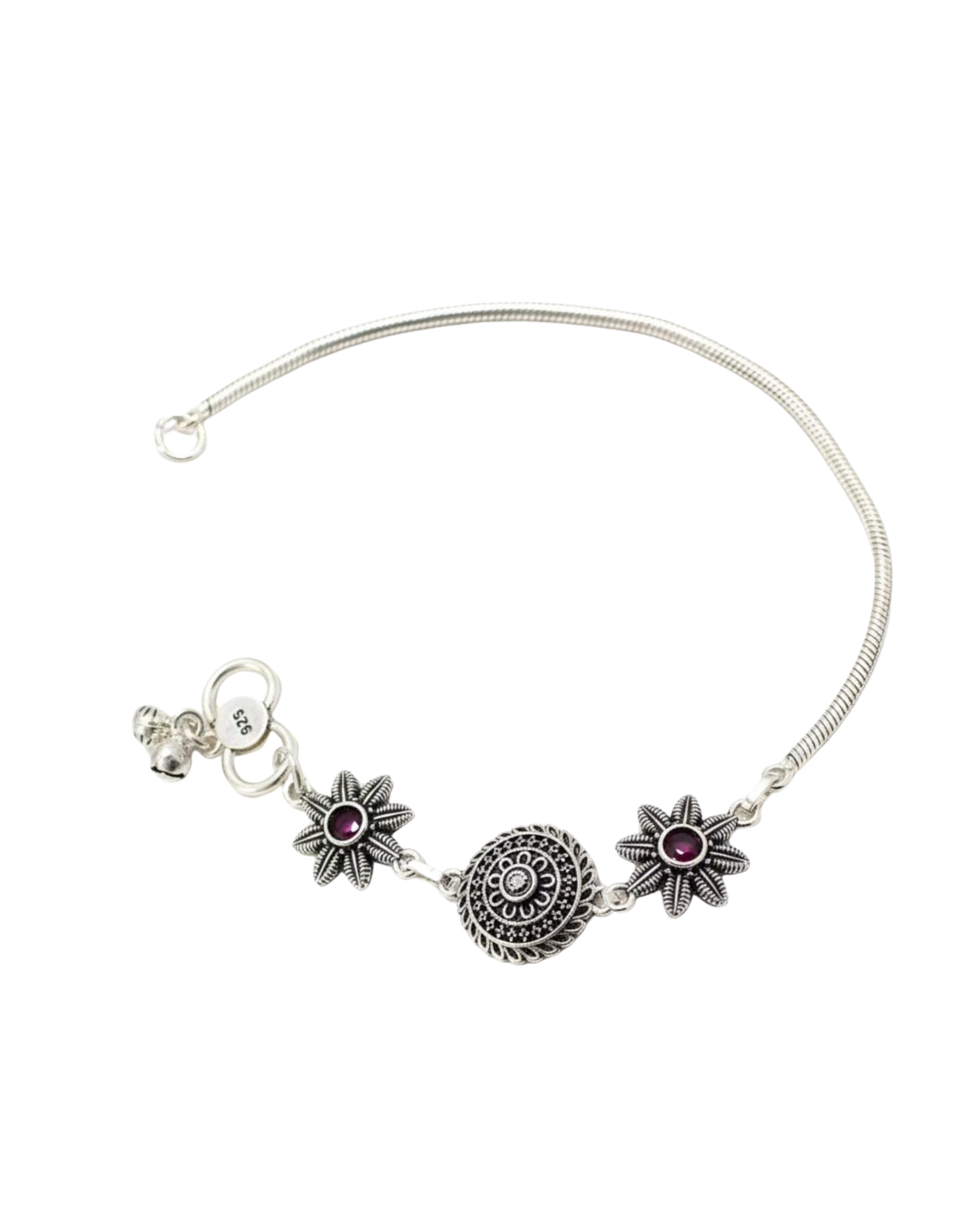Ruby & Zircon Stones Flowers Designer Oxidised Anklet in 925 Silver