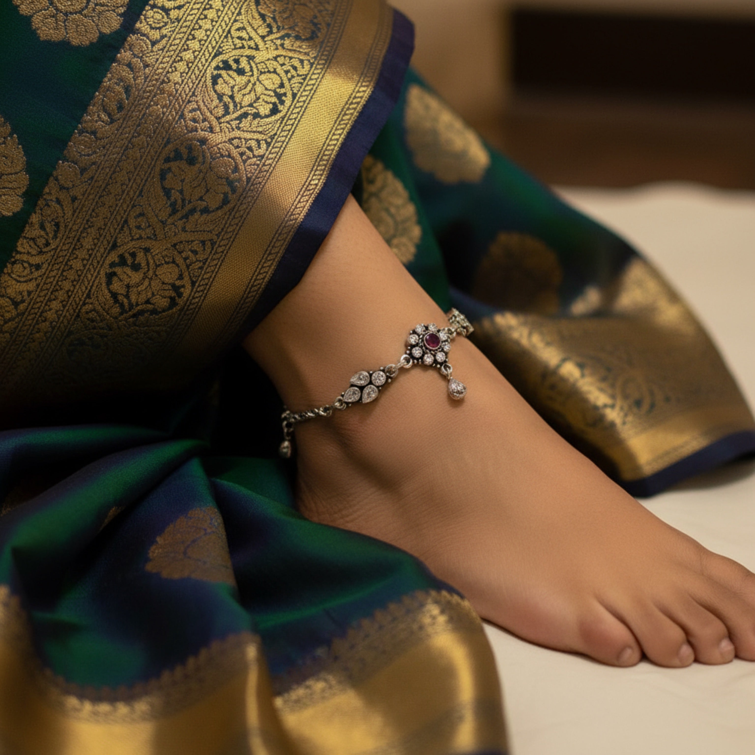 Ruby & Zircon Stones Flowers Oxidised Anklet in 925 Silver- Single piece