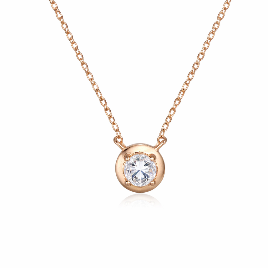 Rose gold necklace with a round diamond pendant on a white background
