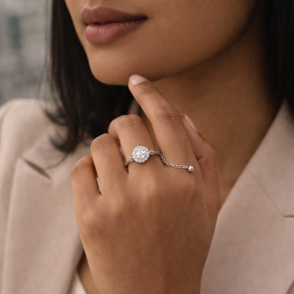 Solitaire Stone Pure Silver Chained Ring