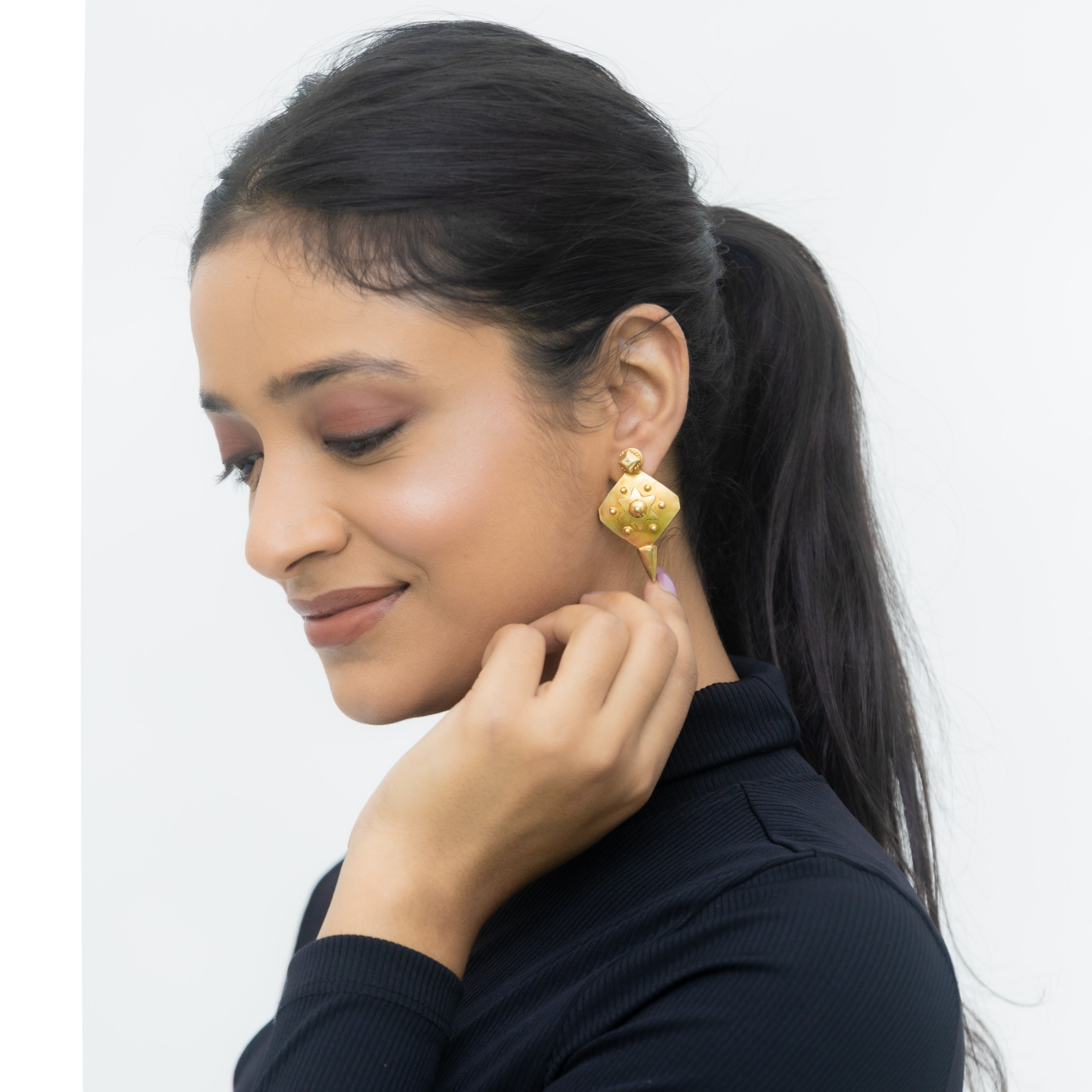 Gold historic shield drop earrings in 925 silver