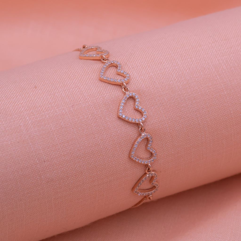 5 Hearts Chained Pure Silver Adjustable Bracelet in Rose Gold