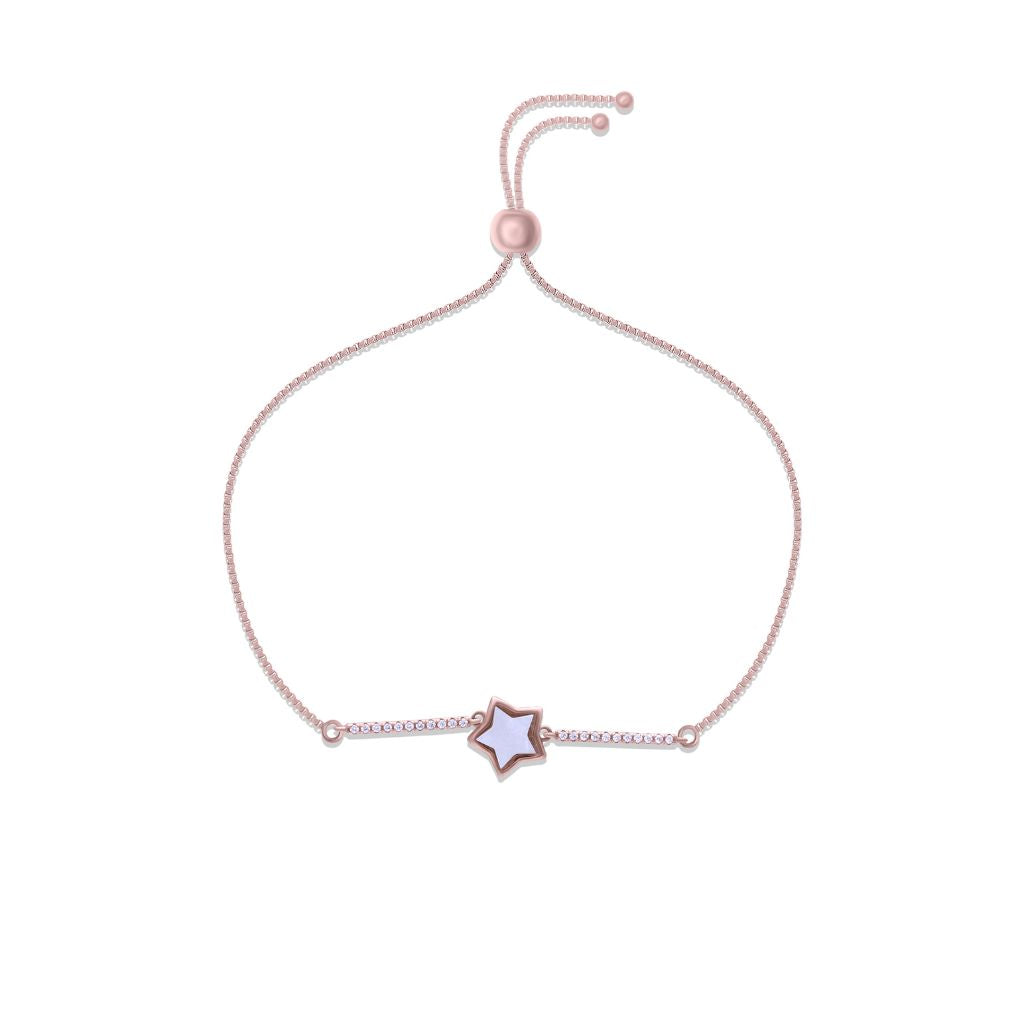 Star White Marble at Center Chained Pure Silver Party Adjustable Bracelet in Rose Gold