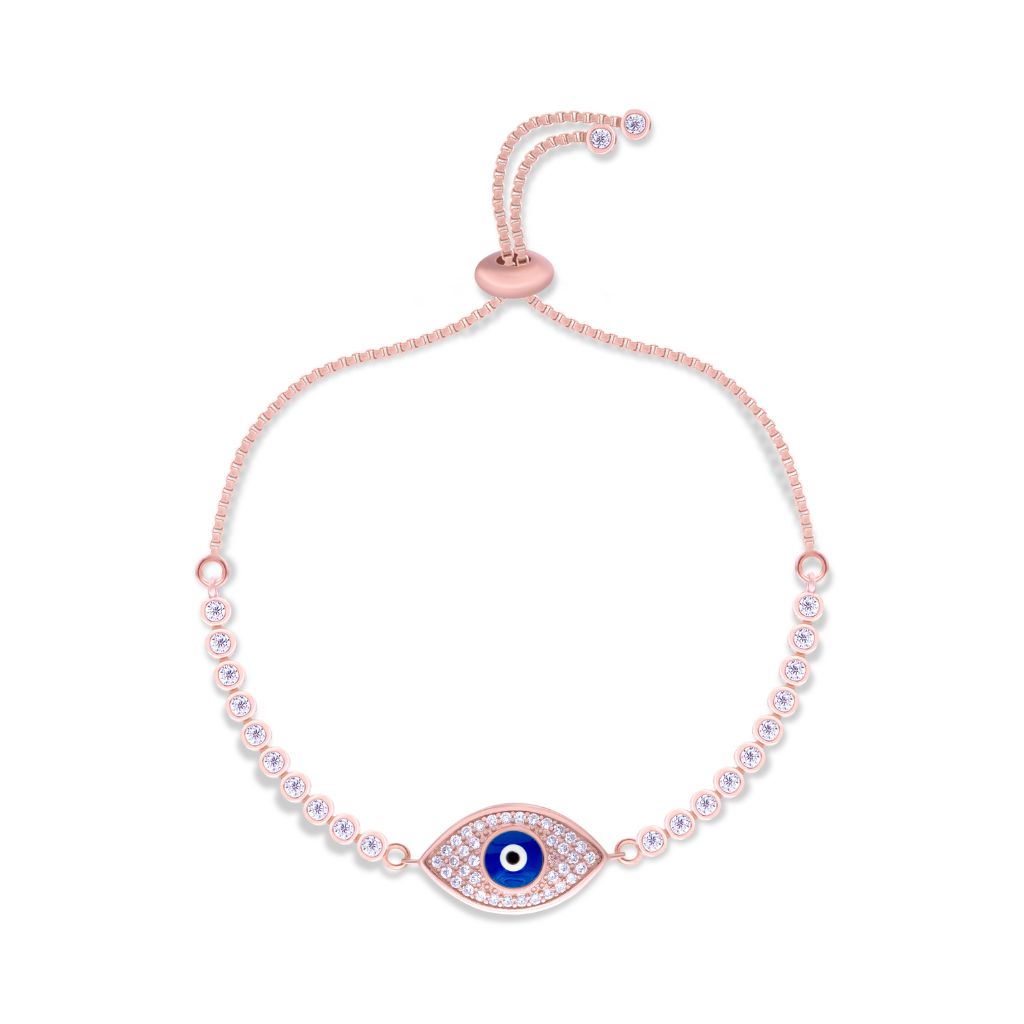 Evil Eye at Center Zircon Stones Oval Chained Pure Silver Party Adjustable Bracelet in Rose Gold