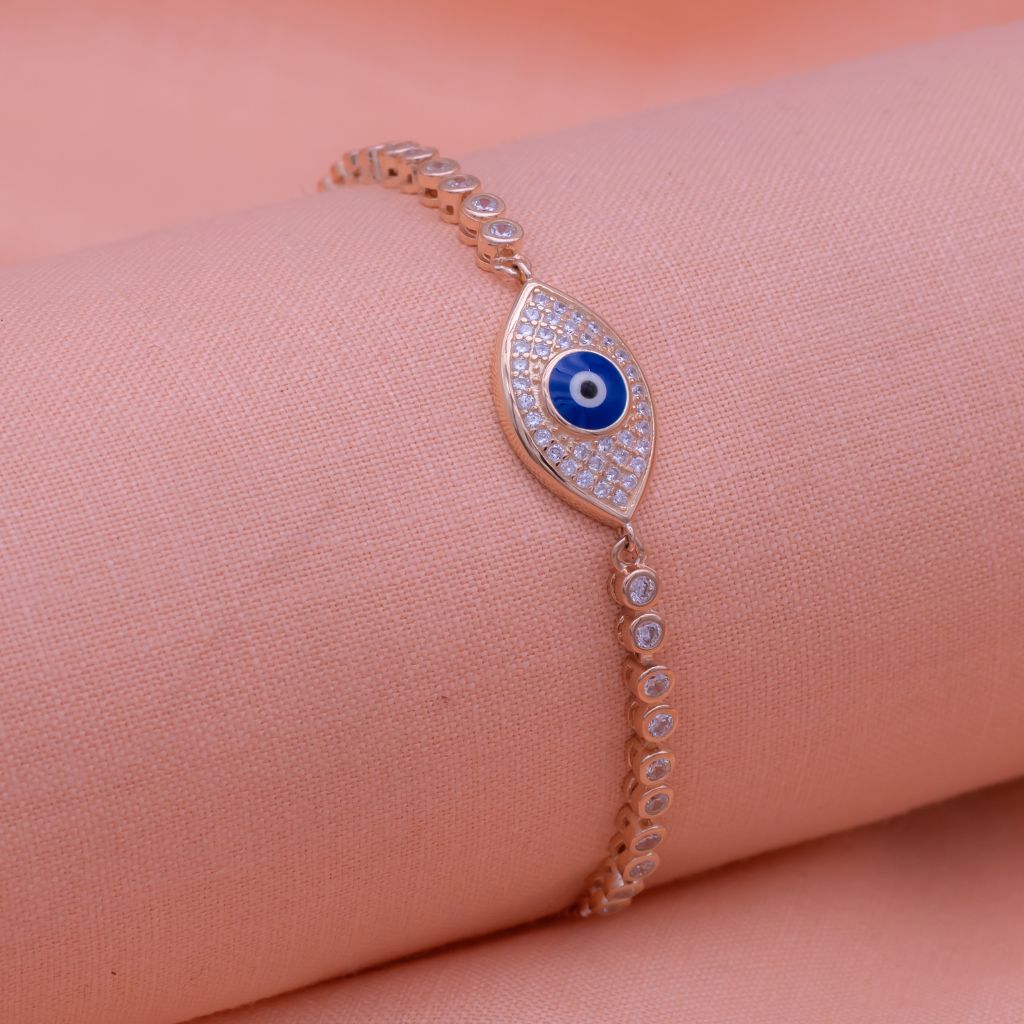 Evil Eye at Center Zircon Stones Oval Chained Pure Silver Party Adjustable Bracelet in Rose Gold