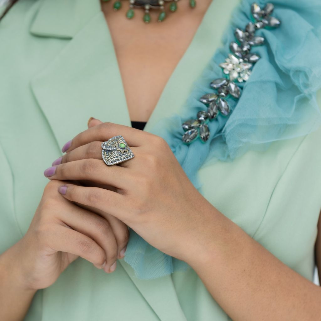 Prehnite Stone Antique Oxidised Silver Ring