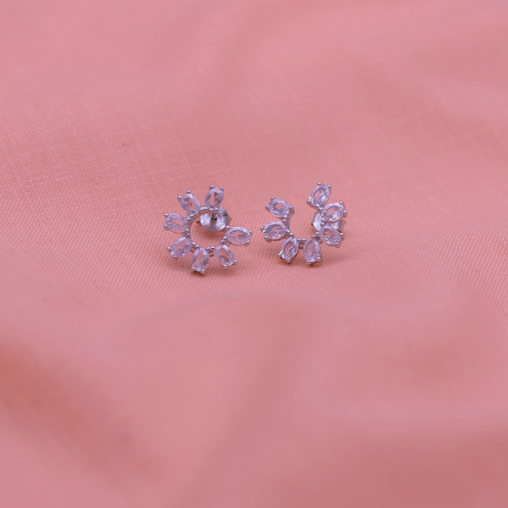 Half Flower 6 Zircon Pure Silver Stud Earrings