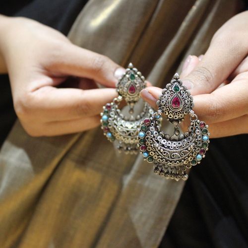 Blue stone drop 925 pure oxidised silver Chandbaliyan