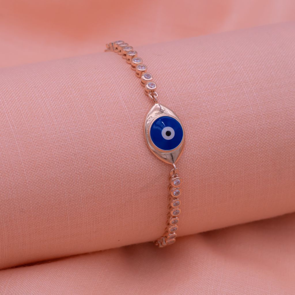 Big Evil Eye at Center Chained Pure Silver Party Adjustable Bracelet in Rose Gold