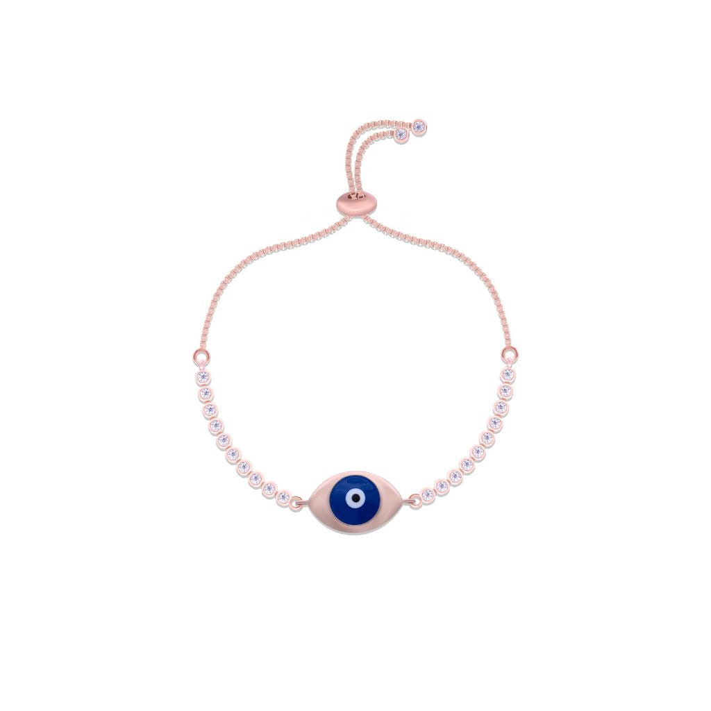 Big Evil Eye at Center Chained Pure Silver Party Adjustable Bracelet in Rose Gold