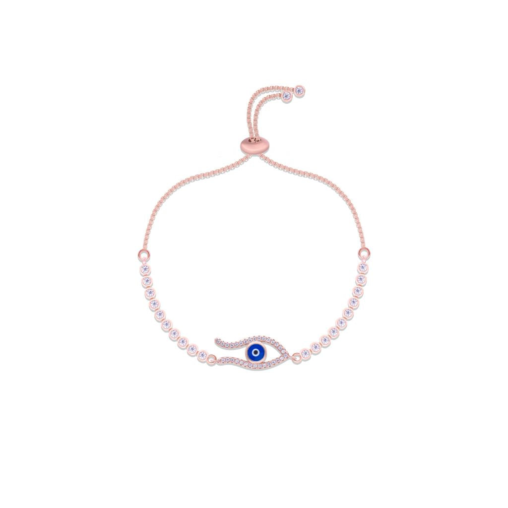 Evil Eye Open Curves Chained Pure Silver Party Adjustable Bracelet in Rose Gold