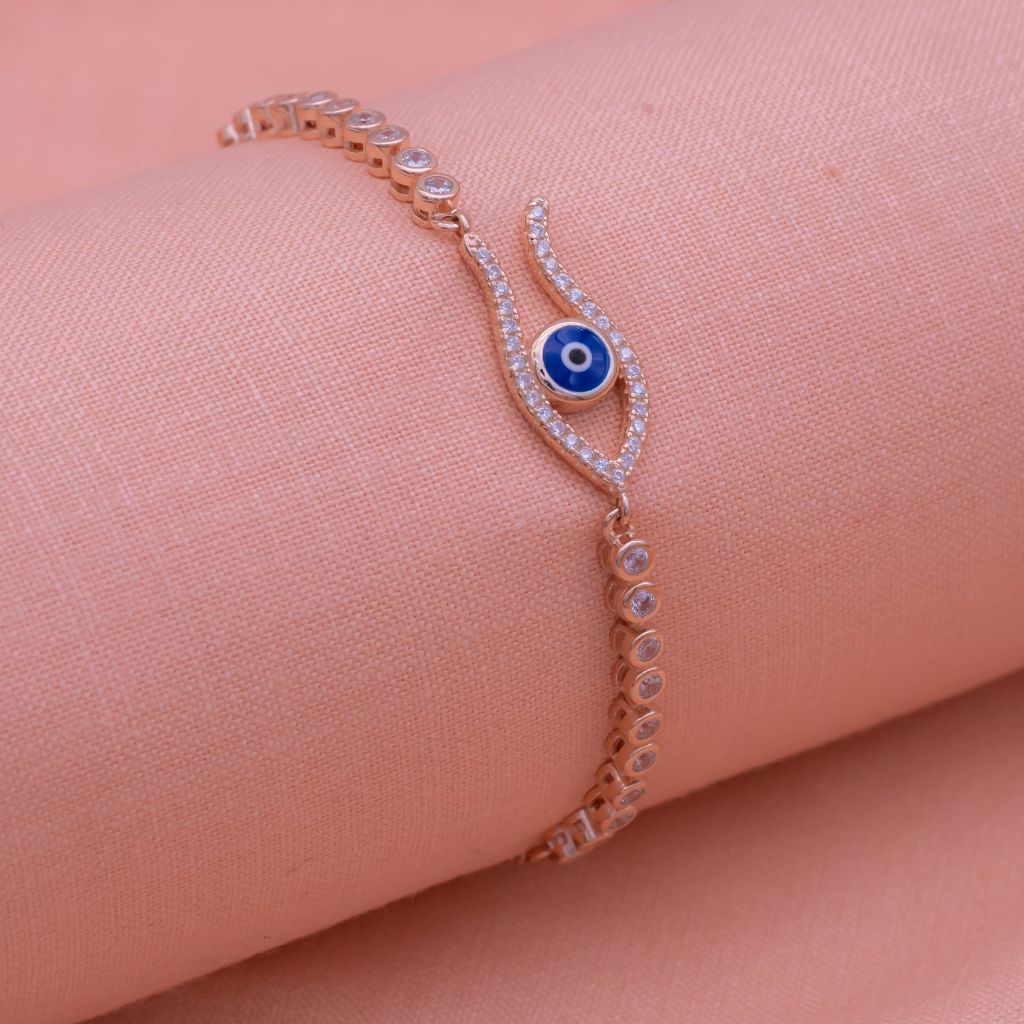 Evil Eye Open Curves Chained Pure Silver Party Adjustable Bracelet in Rose Gold