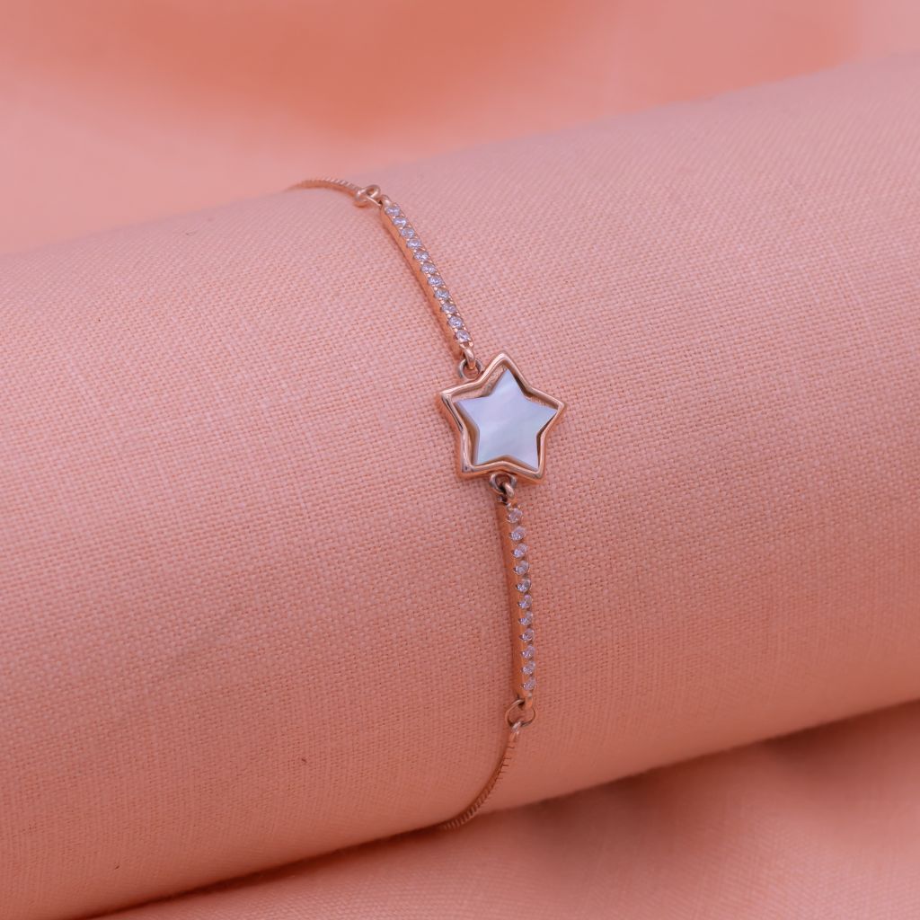 Star White Marble at Center Chained Pure Silver Party Adjustable Bracelet in Rose Gold