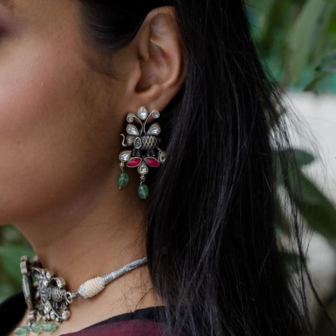 Emerald Ruby Elephant Antique Oxidised Choker Set With Earrings