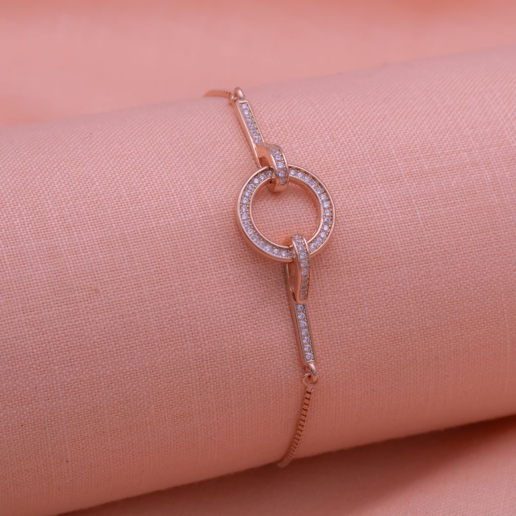 Ring in Center Pure Silver Linked Adjustable Bracelet in Rose Gold