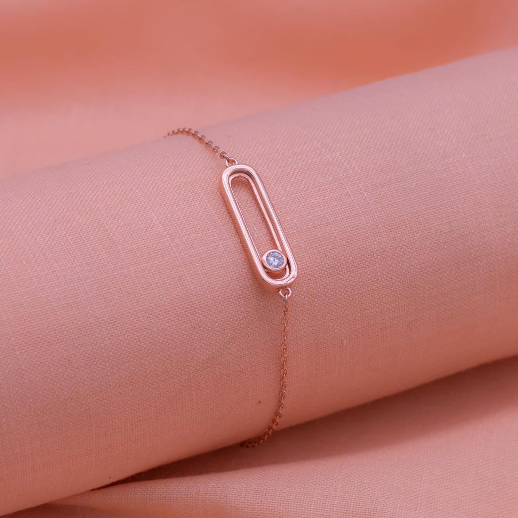 Zircon Stone in Cube Pure Silver Minimal Bracelet in Rose Gold