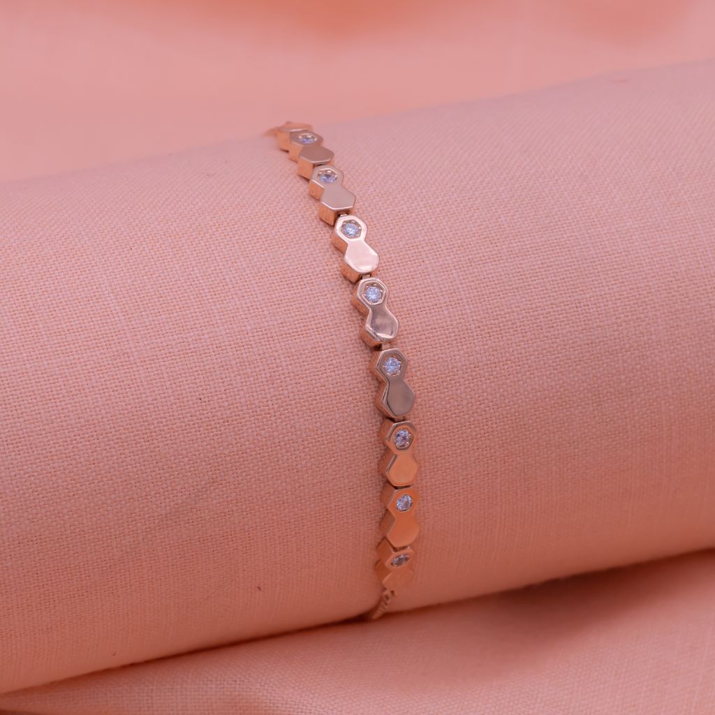 Hexagon Zircon Stones Chained Pure Silver Party Adjustable Bracelet in Rose Gold