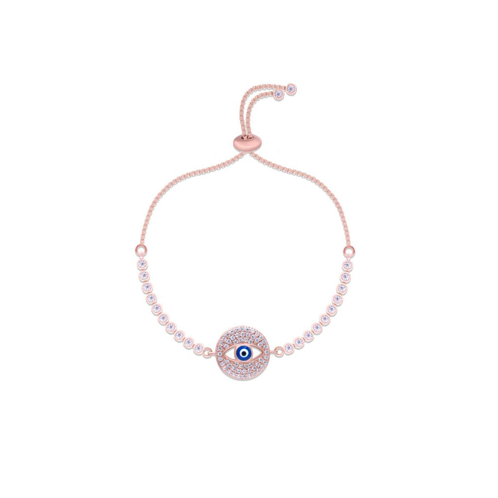 Evil Eye at Center Zircon Stones Rounded Chained Pure Silver Party Adjustable Bracelet in Rose Gold