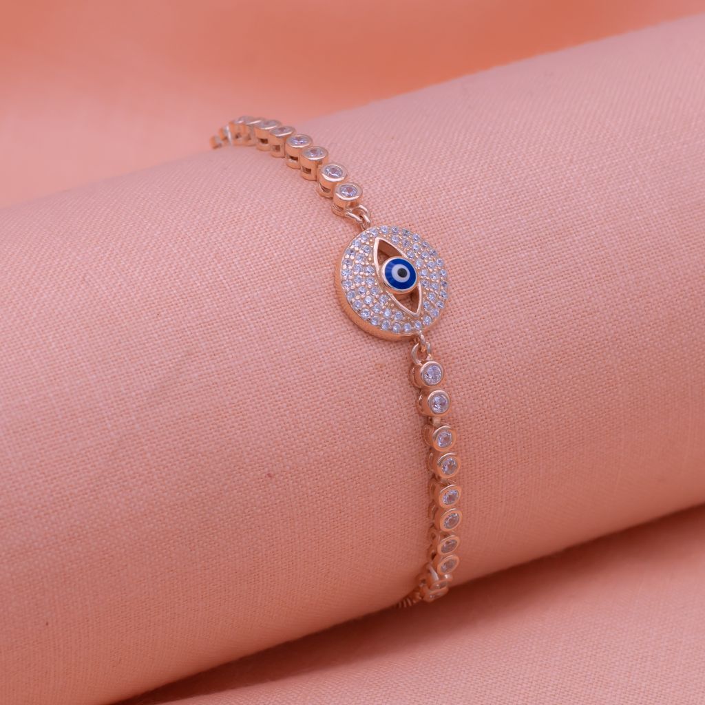 Evil Eye at Center Zircon Stones Rounded Chained Pure Silver Party Adjustable Bracelet in Rose Gold