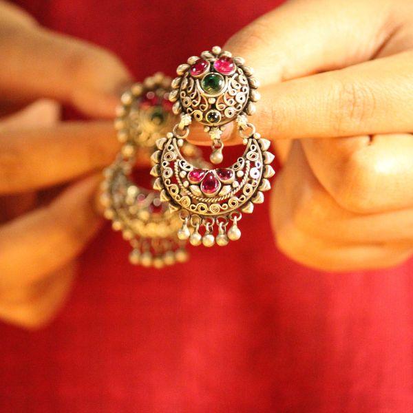Green And Multiple Red Stones Drop 925 oxidised silver Chandbaliyan