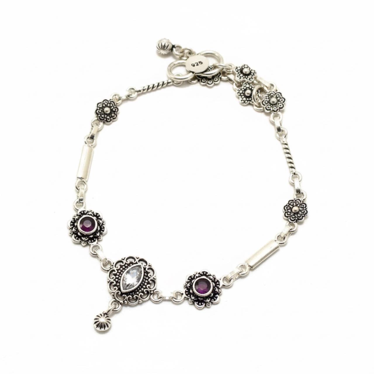 Ruby & Zircon Stones Oval Oxidised Anklet in 925 Silver