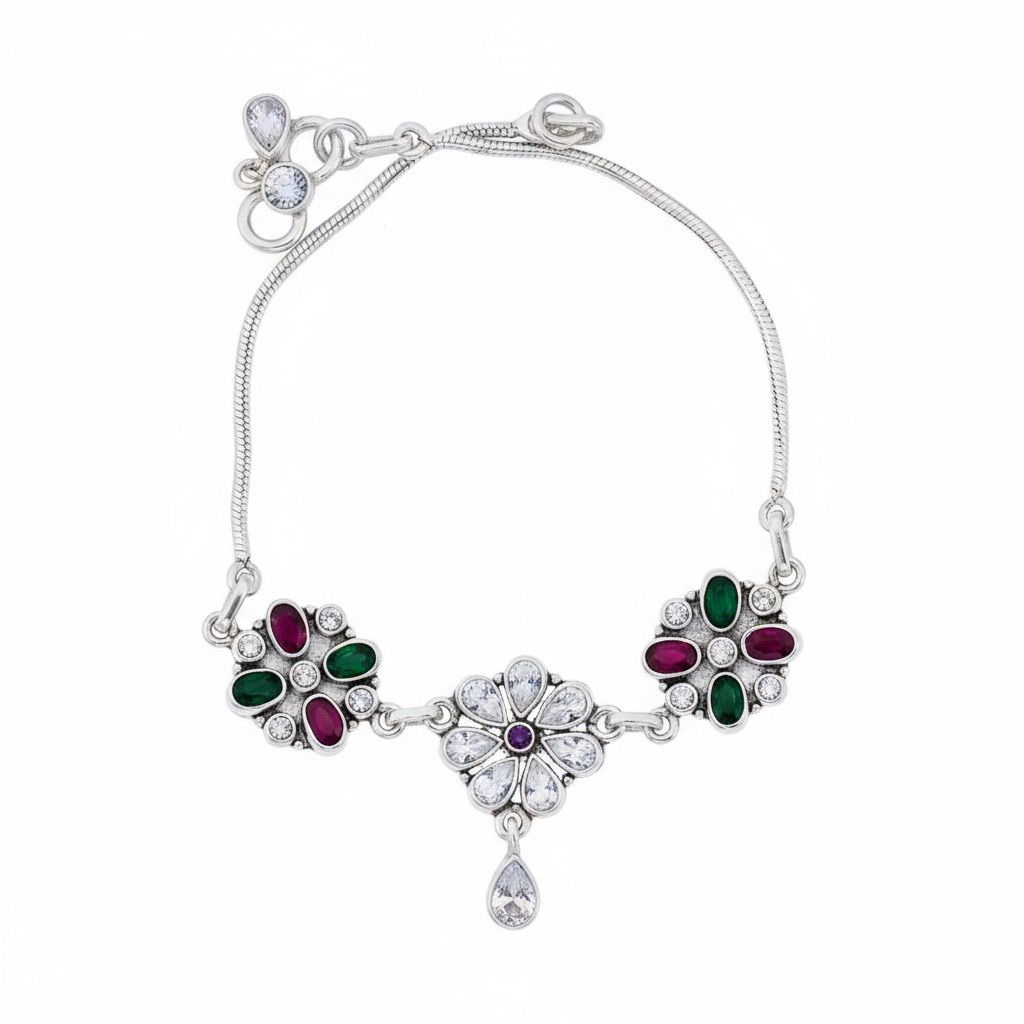 Multi-stones Flowers Heavy Designer Oxidised Anklet in 925 Silver