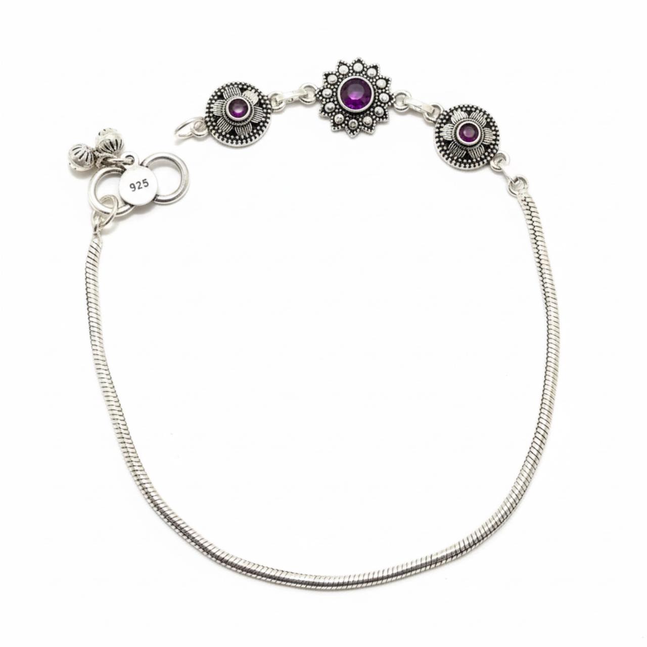 Ruby Stones Flowers Oxidised Anklet in 925 Silver- Single piece