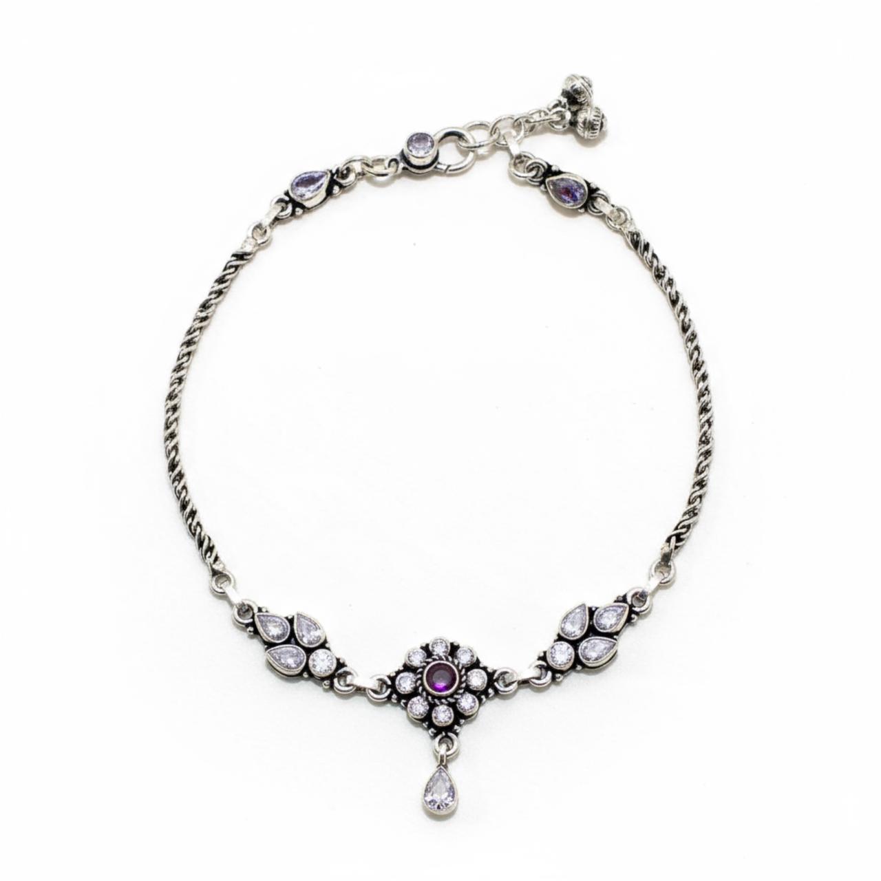 Ruby & Zircon Stones Flowers Oxidised Anklet in 925 Silver- Single piece