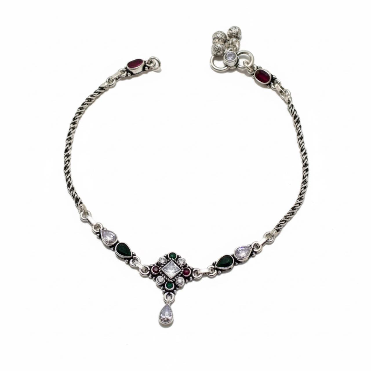 Emerald & Zircon Stones Designer Oxidised Anklet in 925 Silver