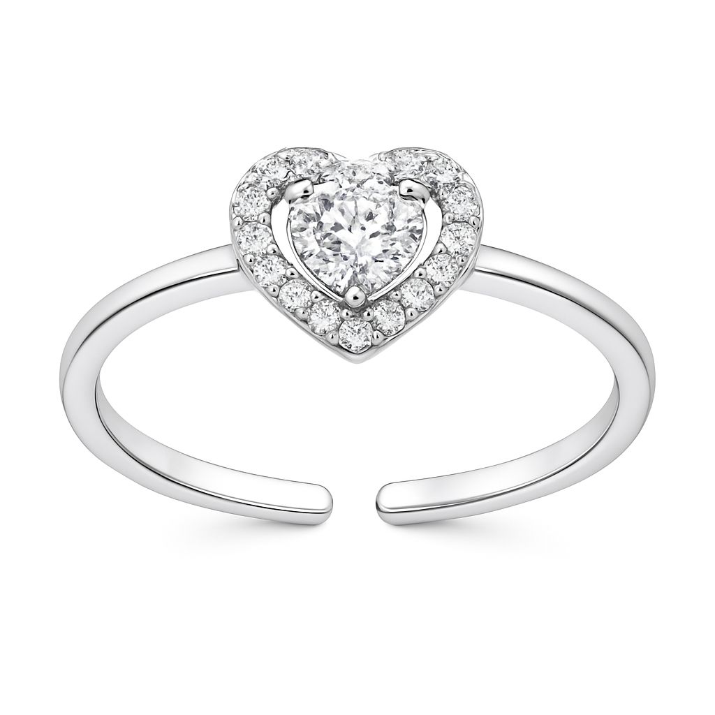 Zircon Stone Heart Charm 925 Silver Ring- Free size