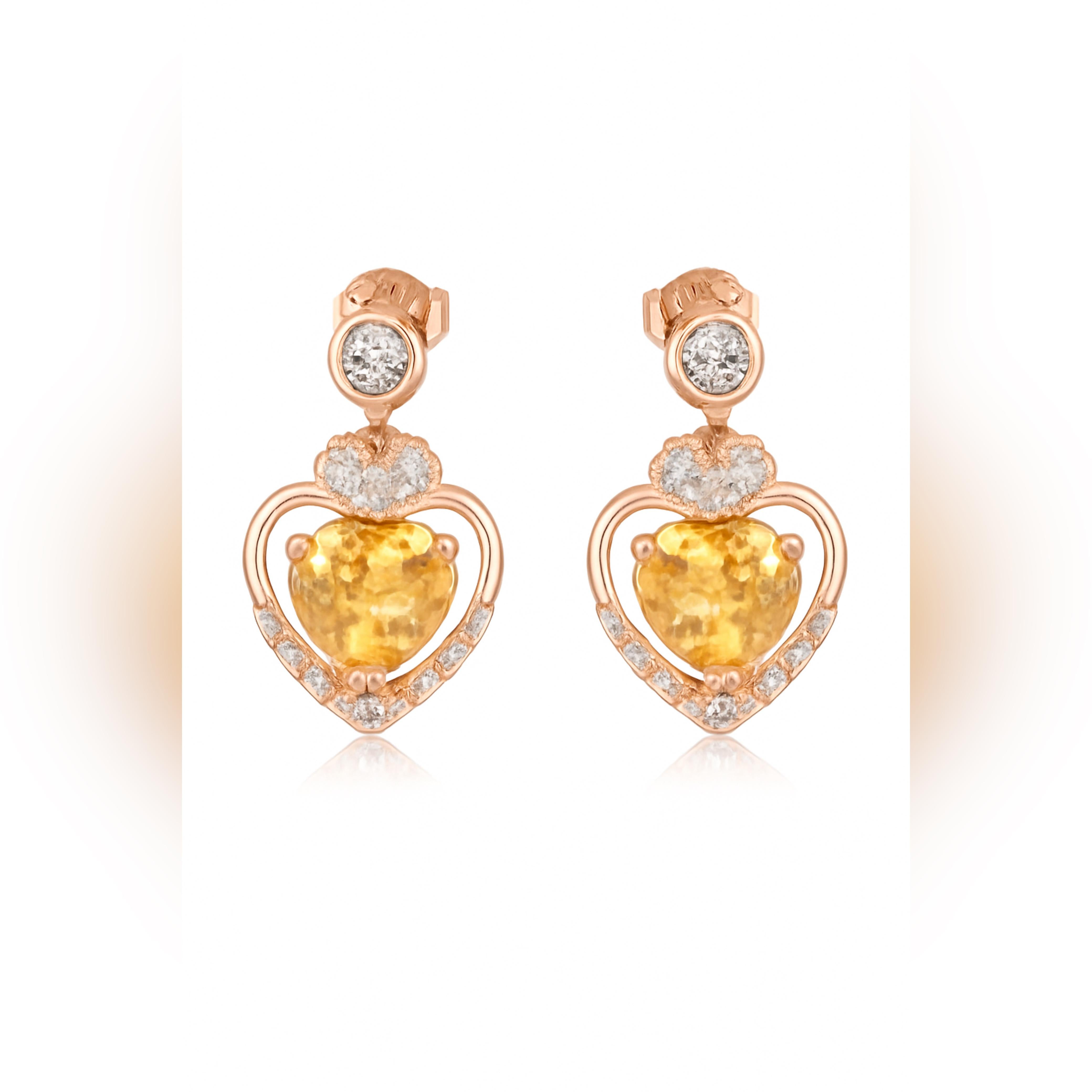 Yellow Stones Heart Drop Earrings in Rose Gold 925 Silver