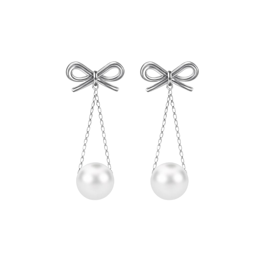 Bow with Hanging Pearl Drop Earrings in 925 Silver