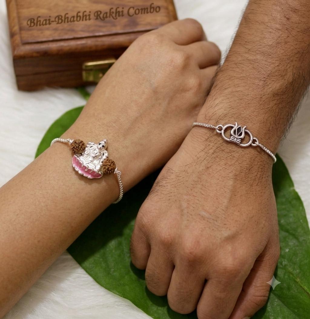 Trishul Mini Charm and Laxmi ji Rudraksha Chained Rakhi in 925 Silver