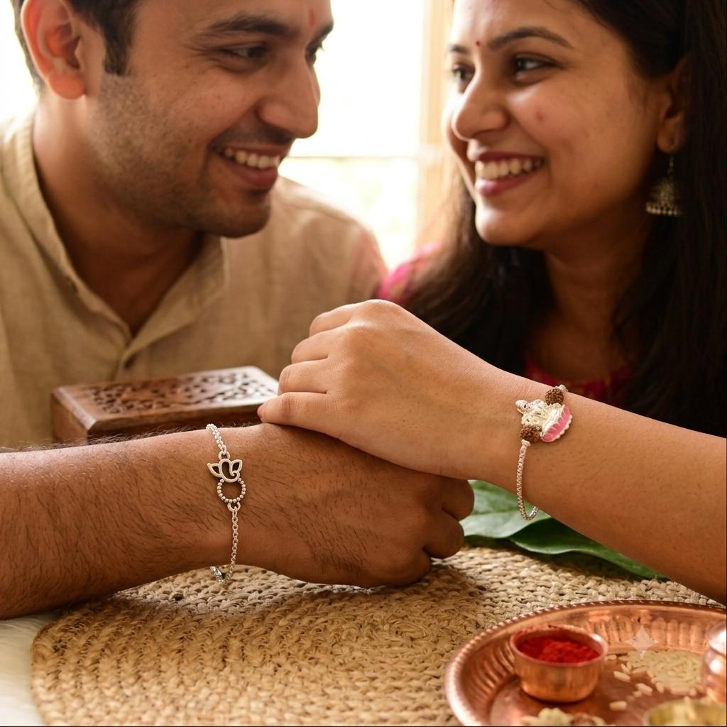 A smiling couple looking at each other while wearing delicate silver bracelets on their wrists, set in a warm, traditional indoor environment with a woven mat and copper plate.