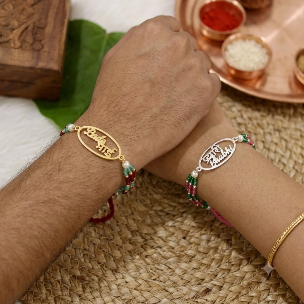 Bade Bhai in Circle Gold Polish Maroon Thread and Pyari Bhabhi Pink Thread Rakhi in 925 Silver