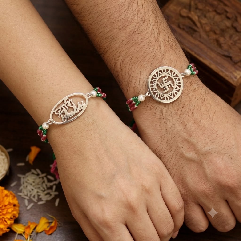 Two silver-toned bracelets worn on wrists, shown on human hands in a styled close-up. One bracelet is oval with a script nameplate, and the other is round with a decorative symbol.
