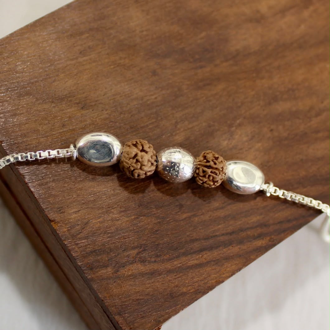 2 Rudraksha SILVER BEADS and Laxmi ji Rudraksha Chained Rakhi in 925 silver