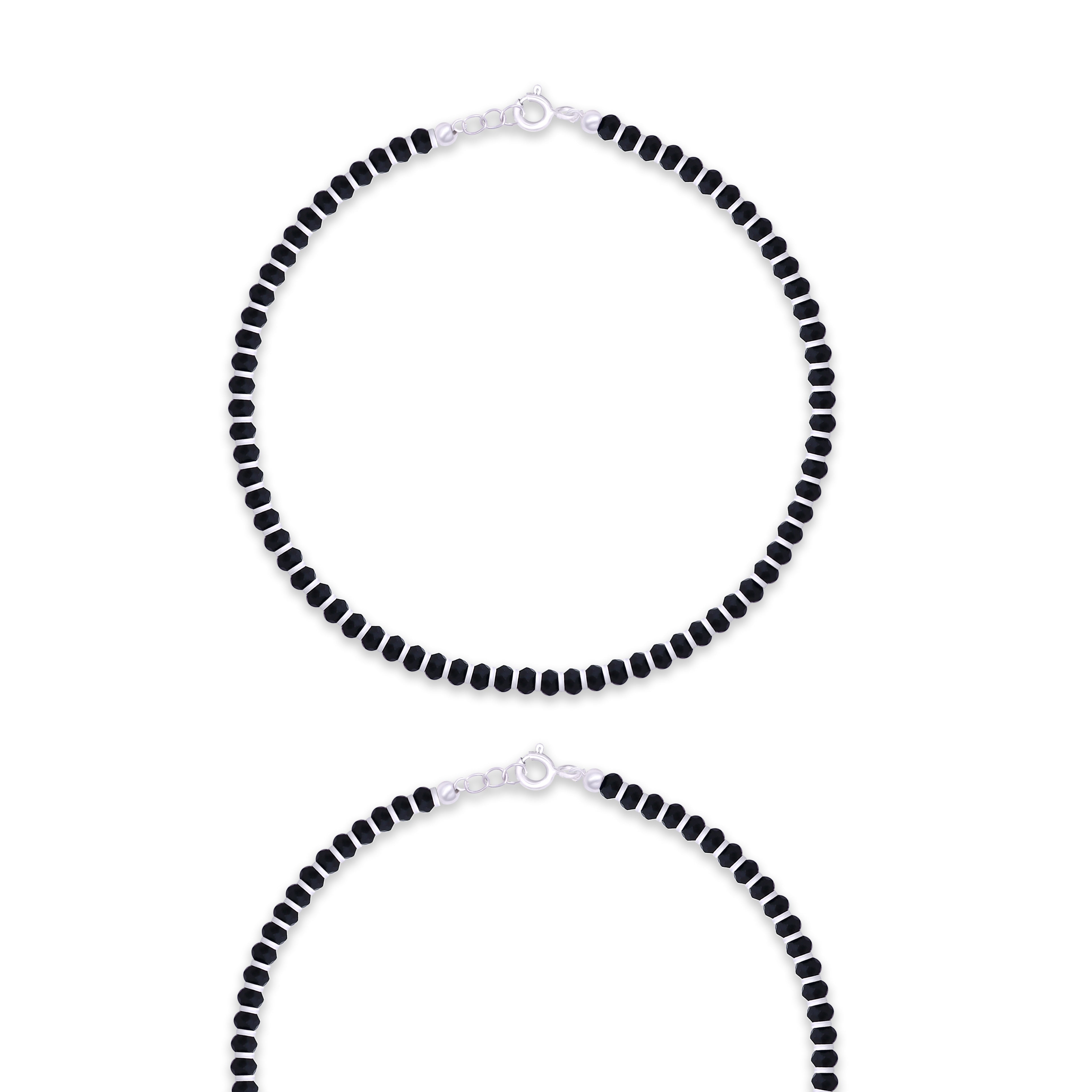 Black Beads Pure Silver Classic Adjustable Anklet- Single